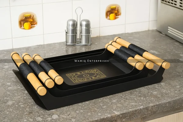 Premium 3-Piece Metal Serving Tray Set with Wooden Handles